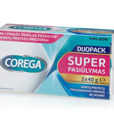 COREGA EXTRA STRONG FLAVOURLESS, fiksuojantis kremas be skonio, 2 x 40 g