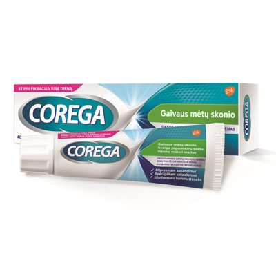 COREGA, fiksuojamasis dantų protezų kremas, gaivaus mėtų skonio, (stipri fiksacija visą dieną), 40 g