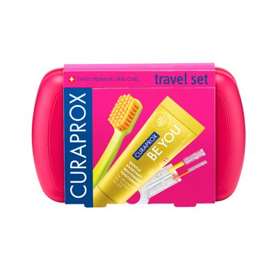CURAPROX TRAVEL SET, kelioninis rinkinys, tamsiai rožinis