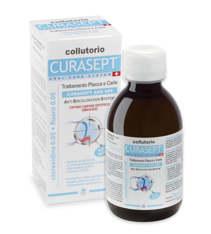 CURASEPT ADS® 205 Profilaktinis antibakterinis skalavimo skystis su su 0.05% chlorheksidino ir 0,05 % Fluoro sudėtyje