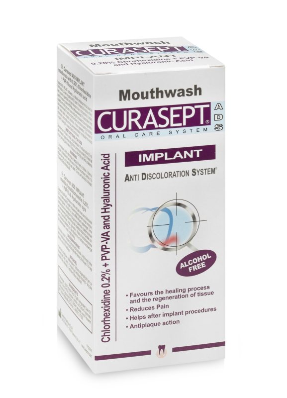 CURASEPT ADS® IMPLANT skalavimo skystis su 0.20% Chlorheksidino + PVP-VA polimerais ir Hialurono rūgštimi