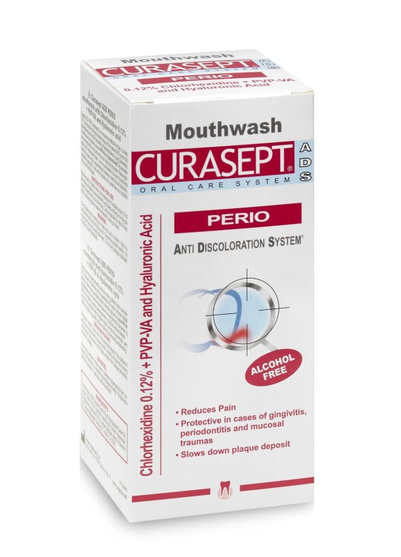 CURASEPT ADS® PERIO skalavimo skystis su 0.12% Chlorheksidino+ PVP-VA polimerais ir Hialurono rūgštimi