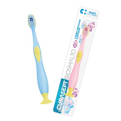 CURASEPT Biosmalto Baby ŽYDRAS / ROŽINIS dantų šepetėlis 0-. vaikams, 3 m