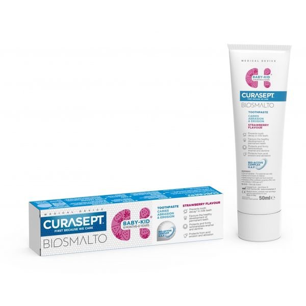 CURASEPT dantų pasta su fluoru vaikams BIOSMALTO BABY KID, 6 mėn.-., braškių skonio, 50 ml, 6 m