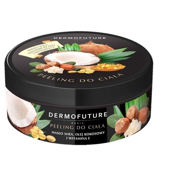 DERMO FUTURE kūno šveitiklis su sviestmedžio sviestu, kokosų aliejumi ir vitaminu E, 200 ml