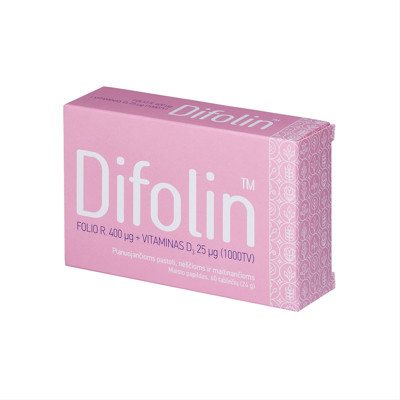 DIFOLIN, folio rūgštis + vitaminas D, 60 tablečių