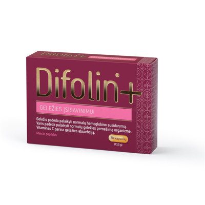 DIFOLIN +, geležies įsisavinimui, hemoglobinui, 30 kapsulių