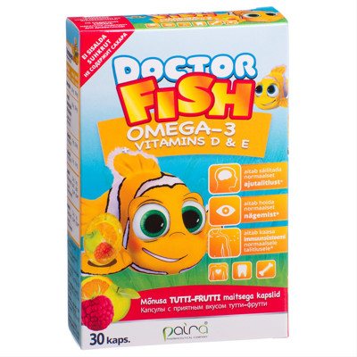 DOCTOR FISH OMEGA-3 + VITAMINS D&E, 30 kramtomųjų kapsulių