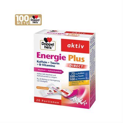 DOPPELHERZ AKTIV ENERGIE PLUS DIRECT KOFFEIN + TAURIN + B-VITAMINE, 20 paketėlių