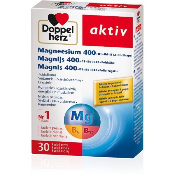 DOPPELHERZ maisto papildas AKTIV MAGNIS 400, B1, B6, B12, FOLIO RŪGŠTIS, 30 tab.