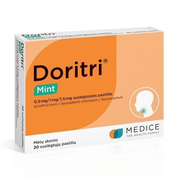 DORITRI MINT 1 mg/1,5 mg/0,5 mg suslėgtosios pastilės N20