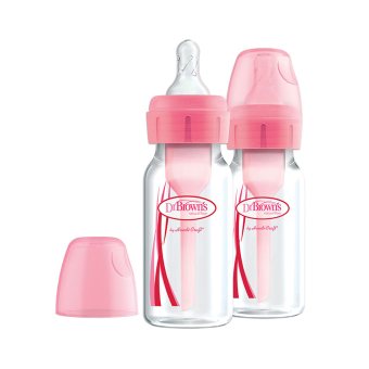 DR. BROWN'S buteliukas siauru kakleliu OPTIONS+, rožinė spalva, 120 ml+žindukas, 0–3 mėn., 2 vnt., + valymo šepetėlis, 1 vnt., 2 vnt