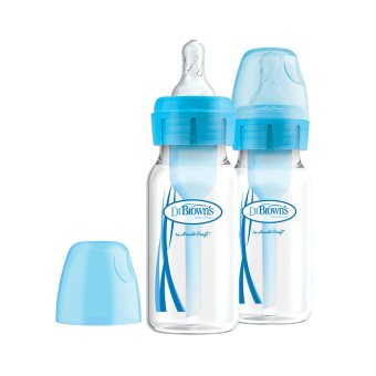 DR. BROWN'S siauro kaklelio buteliukas OPTIONS+, mėlyna spalva, 120 ml+žindukas, 0–3 mėn., 2 vnt., + valymo šepetėlis, 1 vnt., 2 vnt