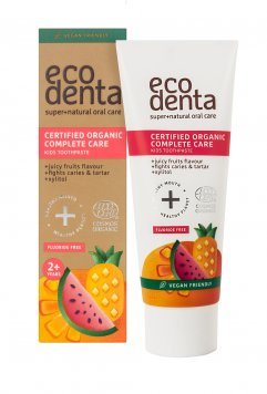 ECODENTA COSMOS ORGANIC sultingų vaisių skonio dantų pasta be fluoro vaikams, 75 ml