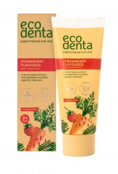 ECODENTA Žemuogių skonio dantų pasta vaikams su morkų ekstraktu, 75 ml