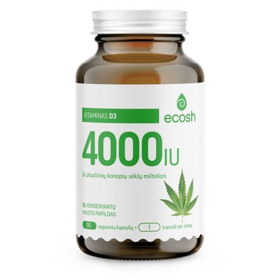 ECOSH vitaminas D3 4000IU, su pluoštinių kanapių sėklų milteliais, 90 kapsulių