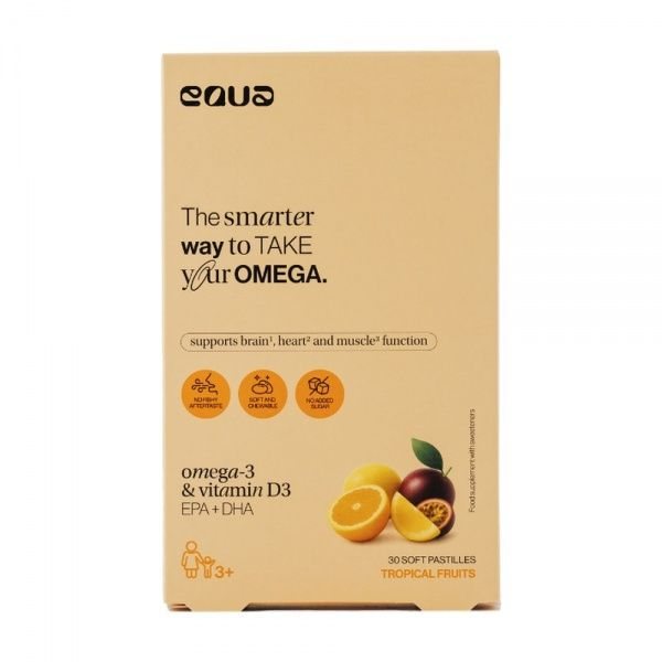 EQUA maisto papildas OMEGA-3 & VITAMIN D3, tropinių vaisių skonio, 30 minkštųjų pastilių