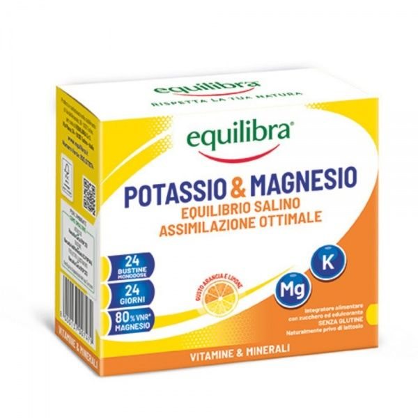 EQUILIBRA maisto papildas milteliais POTASSIO & MAGNESIO. apelsinų ir citrinų skonio, 24 pak.