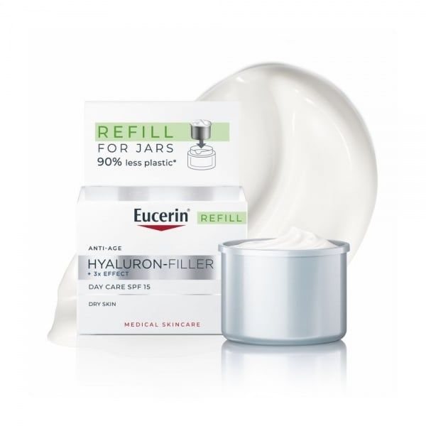 EUCERIN Hyaluron-Filler +3x Effect dieninis kremas SPF 15 sausai odai su hialurono rūgštimi, papildymo pakuotė, 50 ml