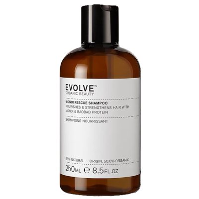 EVOLVE ORGANIC BEAUTY, Maitinamasis ir stiprinamasis šampūnas „Monoi Rescue“, ekologiškas, 250 ml