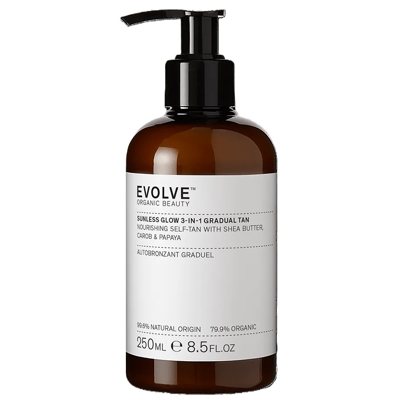EVOLVE ORGANIC BEAUTY, Maitinamasis savaiminio įdegio losjonas „Sunless Glow 3-IN-1“, 250 ml