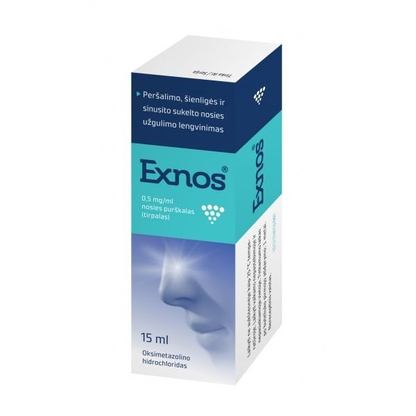 EXNOS 0,5 mg/ml nosies purškalas (tirpalas), 15 ml