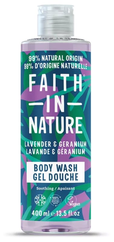 FAITH IN NATURE kūno prausiklis levandų/pelargonijų, Vnt, 400 ml
