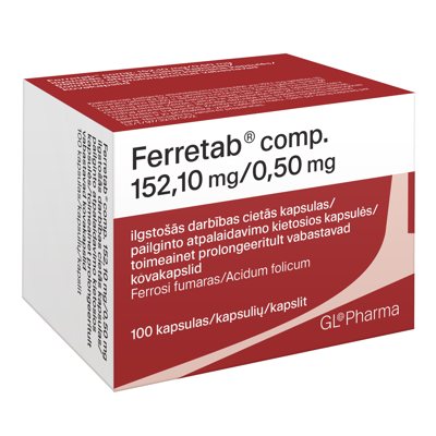 FERRETAB COMP., 152,1 mg/0,5 mg, pailginto atpalaidavimo kietosios kapsulės, N100