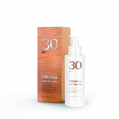 FILLERINA SUN BEAUTY, Kūno pienelis nuo saulės su Fillerina 12 Hialurono rūgščių molekulėmis, SPF 30