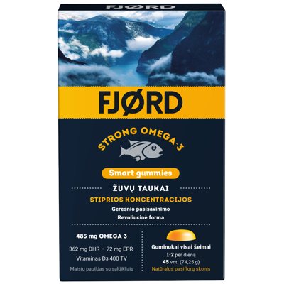 FJORD STRONG OMEGA-3 SMART GUMMIES, žuvų taukai, 45 guminukai