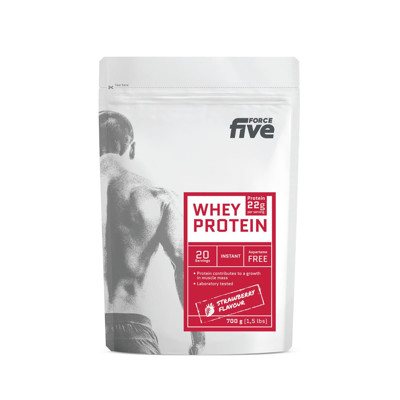 FORCEFIVE, braškių skonio išrūgų baltymų gėrimo milteliai, 700 g