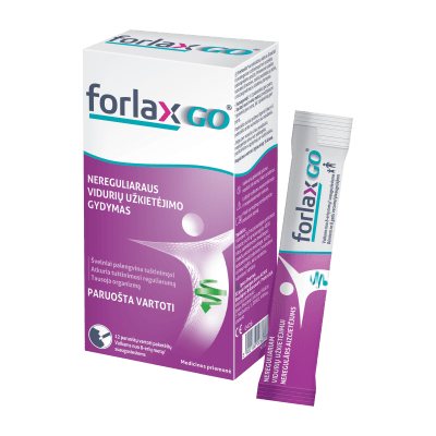 FORLAXGO tirpalo paketėliuose, kuriuose yra 10 g makrogolio 4000 (PEG) N12, 18.7 ml
