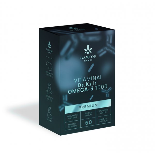 GAMTOS NAMAI maisto papildas VITAMINAI D3 IR K2 PLIUS OMEGA-3, 60 kaps.