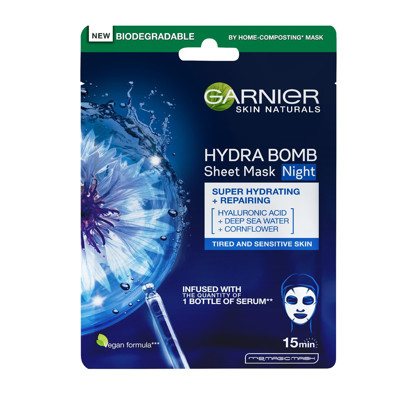 GARNIER HYDRA BOMB, intensyviai drėkinanti ir regeneruojanti naktinė lakštinė kaukė su rugiagėlėmis, 28 g