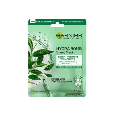 GARNIER HYDRA BOMB, odos pusiausvyrą atkurianti lakštinė kaukė su žaliąja arbata, 28 g