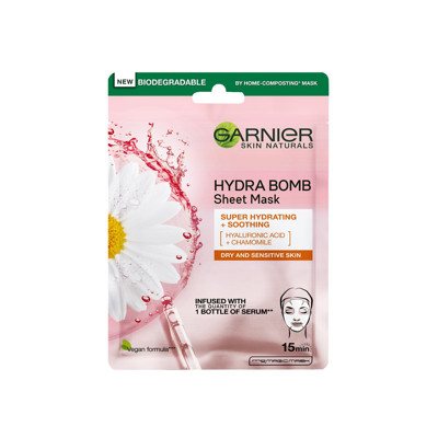 GARNIER HYDRA BOMB, raminamoji lakštinė kaukė su ramunėlėmis, 28 g