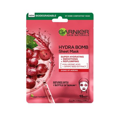 GARNIER HYDRA BOMB, stangrinanti bei odos paviršių lyginanti lakštinė kaukė su vynuogių kauliukų ekstraktu, 28 g