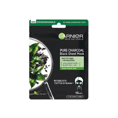 GARNIER SKIN NATURALS PURE CHARCOAL, veido kaukė su anglimis ir juodosios arbatos lapais, 28 g