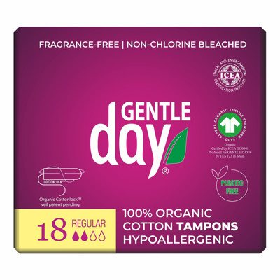 GENTLE DAY REGULAR, ekologiškos medvilnės tamponai, 18 vnt