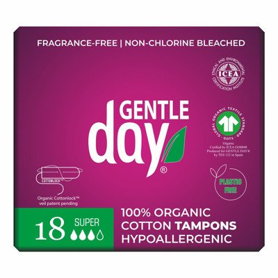 GENTLE DAY SUPER, ekologiškos medvilnės tamponai, 18 vnt
