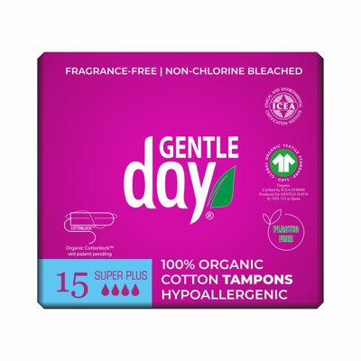 GENTLE DAY SUPER PLUS,ekogiškos medvilnės tamponai, 15 vnt