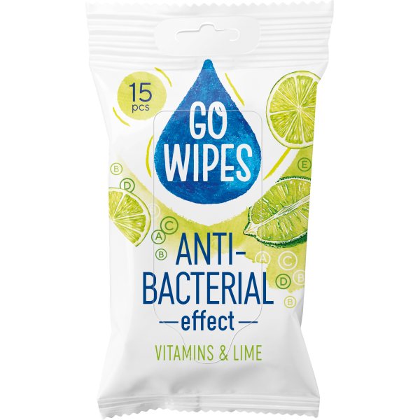 GOWIPES antibakterinio poveikio drėgnos servetėlės su vitaminais, 15 vnt