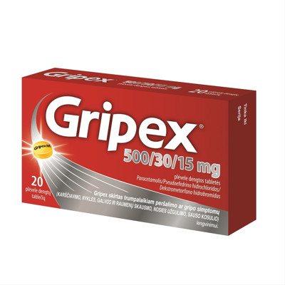 GRIPEX, 500/30/15 mg, plėvele dengtos tabletės, N20
