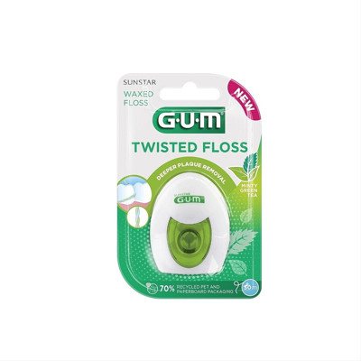 GUM TWISTED FLOSS, siūlas tarpdančiams, pintas, vaškuotas, su žaliąja arbata, 30 m