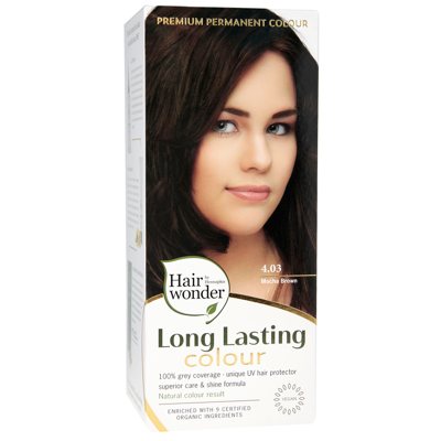 HAIRWONDER Ilgalaikiai plaukų dažai su 9 ekologiškais ekstraktais, spalva kavos ruda 4.03, 100 ml