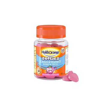 HALIBORANGE CALCIUM & VITAMIN D SOFTIES STRAWBERRY, 3–., braškių skonio, 30 guminukų, 12 m