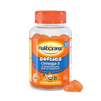 HALIBORANGE guminukai OMEGA-3 & MULTIVITAMIN, apelsinų skonio, 3–., 60 guminukų, 12 m