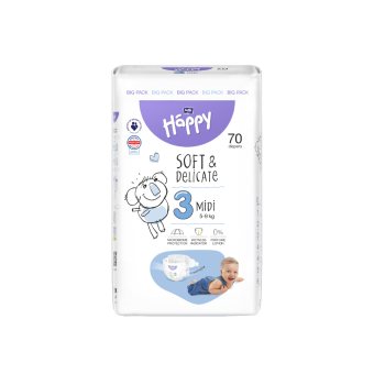 HAPPY sauskelnės MIDI, 5–, bekvapės, 70 vnt., 9 kg