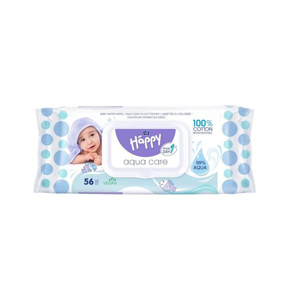 HAPPY vaikiškos drėgnos servetėlės AQUA CARE, 56 vnt