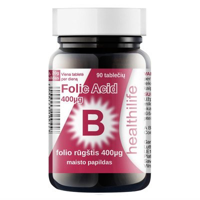 HEALTHILIFE FOLIC ACID, folio rūgštis, 0,4 mg, 90 tablečių
